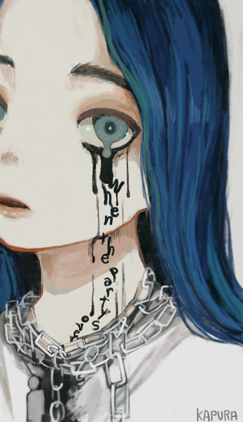 1girl, absurdres, alternate_body_fluid, aqua_eyes, billie_eilish, blue_hair, chain, chain_around_neck