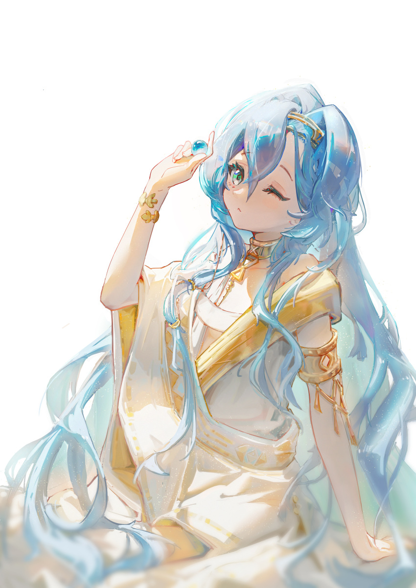 1girl, 37_(reverse:1999), absurdres, ancient_greek_clothes, armlet, bare_shoulders, blue_eyes, blue_hair