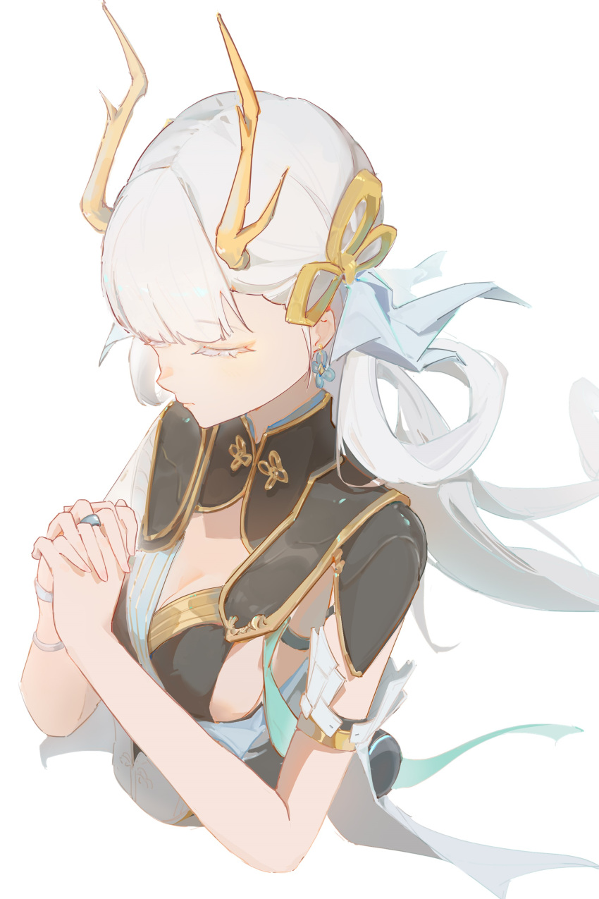 1girl, absurdres, black_collar, black_dress, bow, breasts, closed_eyes, closed_mouth, collar, dress, earrings, gold_trim, guozhi_jeilcy, hair_bow, highres, horns, jewelry, jinhsi_(wuthering_waves), long_hair, low_twintails, medium_breasts, own_hands_clasped, own_hands_together, praying, ring, simple_background, solo, twintails, two_side_up, upper_body, very_long_hair, white_background, white_eyelashes, white_hair, wuthering_waves