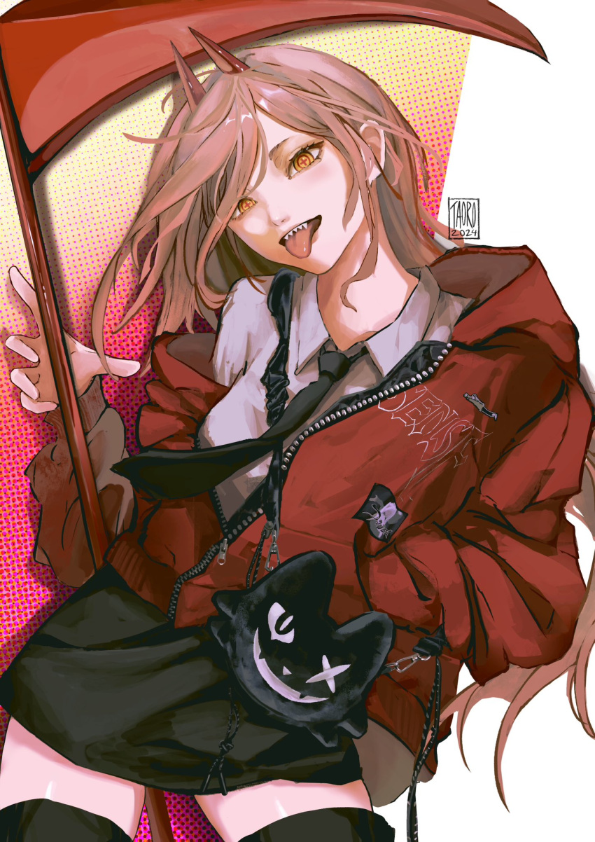 1girl, bag, black_necktie, black_skirt, blonde_hair, chainsaw_man, collared_shirt, cross-shaped_pupils