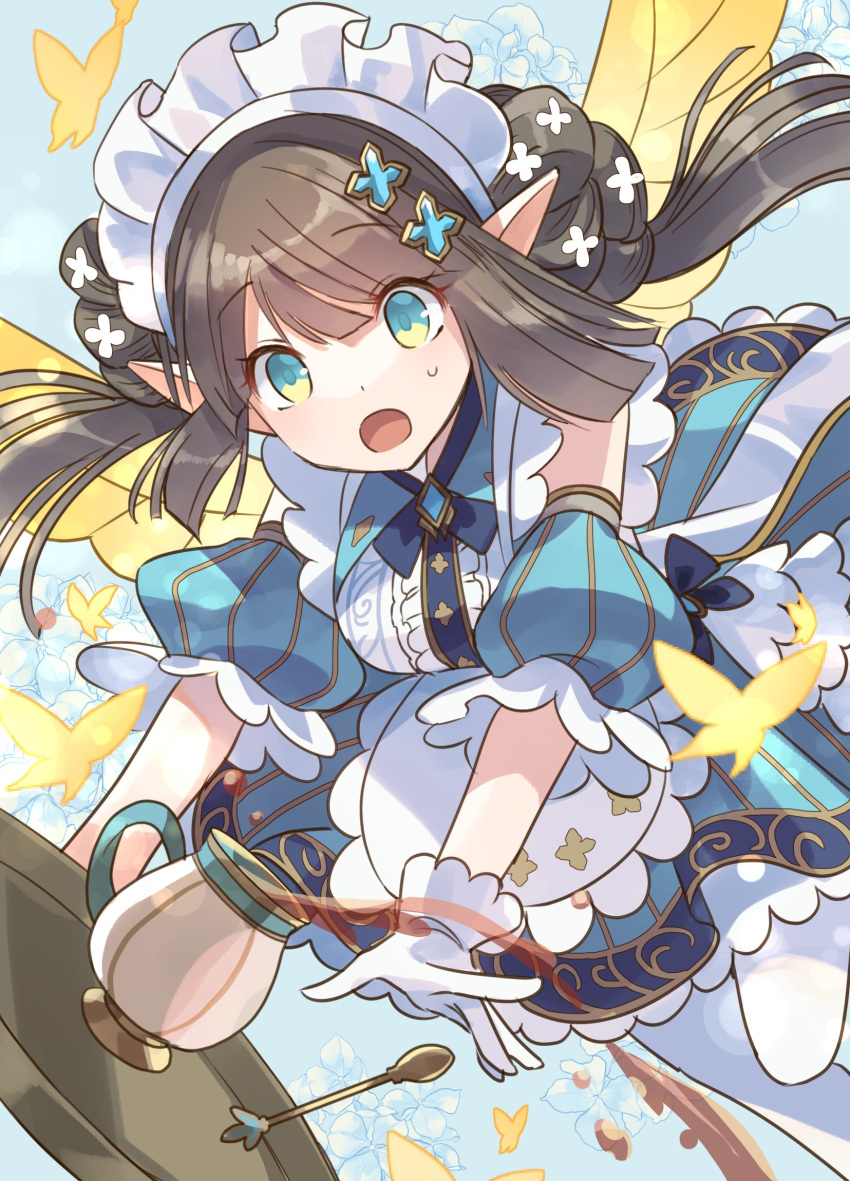 1girl, apron, blue_dress, brown_hair, bug, butterfly, butterfly_wings, detached_sleeves, dress, frilled_apron, frills, gloves, hair_ornament, highres, insect_wings, maid, maid_apron, maid_headdress, open_mouth, pantyhose, patty_(p&amp;d), pointy_ears, puzzle_&amp;_dragons, rakulog, solo, teapot, tray, twintails, two-tone_eyes, white_apron, white_gloves, white_pantyhose, wings