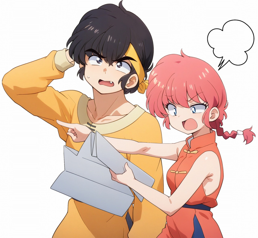 1boy, 1girl, bandana, black_hair, blue_eyes, braid, braided_ponytail, breasts, chinese_clothes, commentary_request, fang, genderswap, genderswap_(mtf), hand_on_own_head, hibiki_ryouga, holding, holding_map, map, odochi_(1or8), open_mouth, pointing, ponytail, puff_of_air, ranma-chan, ranma_1/2, redhead, saotome_ranma, shirt, short_hair, single_braid, sleeveless, sleeveless_shirt, sweatdrop, tangzhuang, upper_body, white_background, yellow_bandana