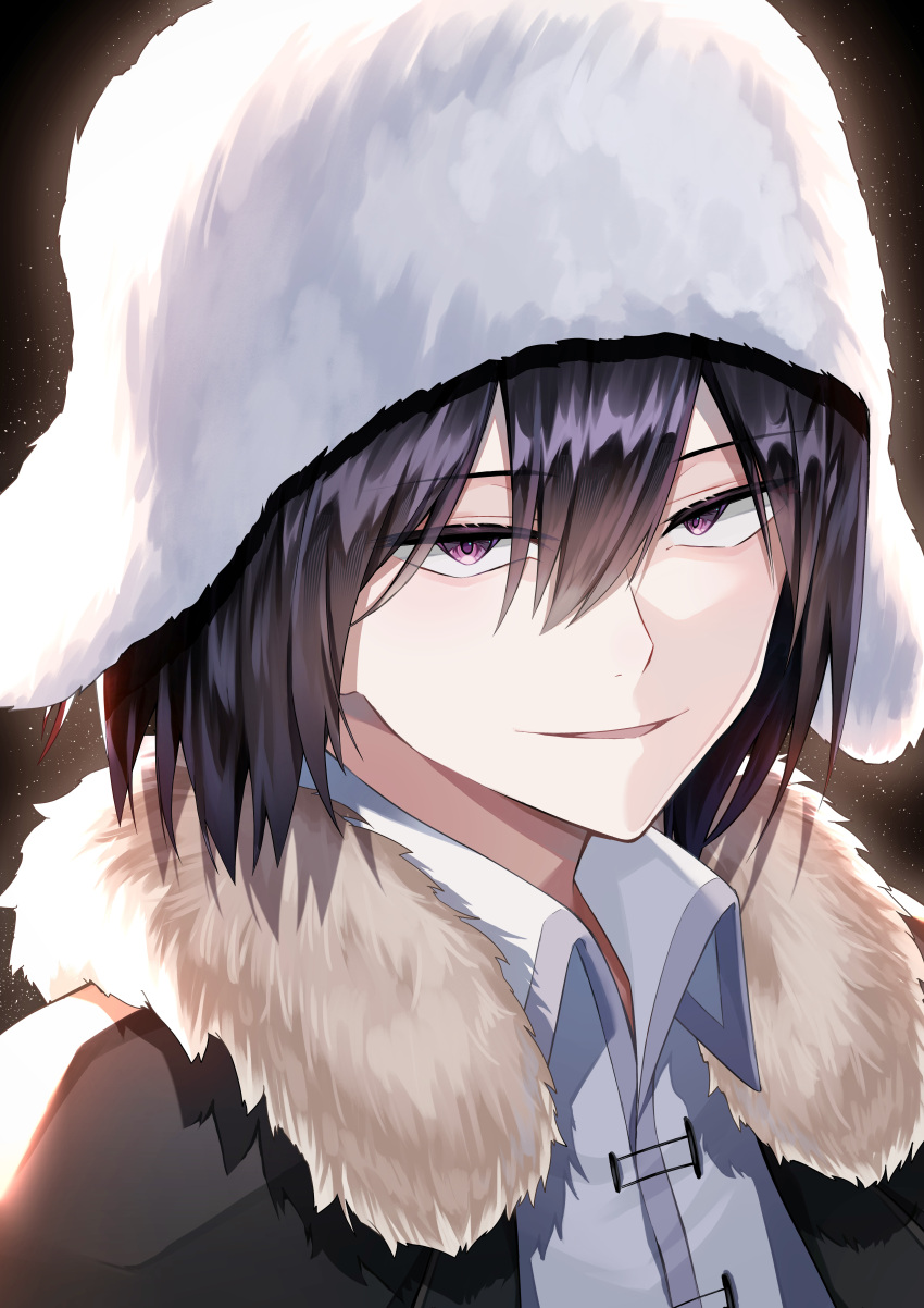 1boy, absurdres, black_hair, bungou_stray_dogs, coat, collared_shirt, commentary, fur-trimmed_coat