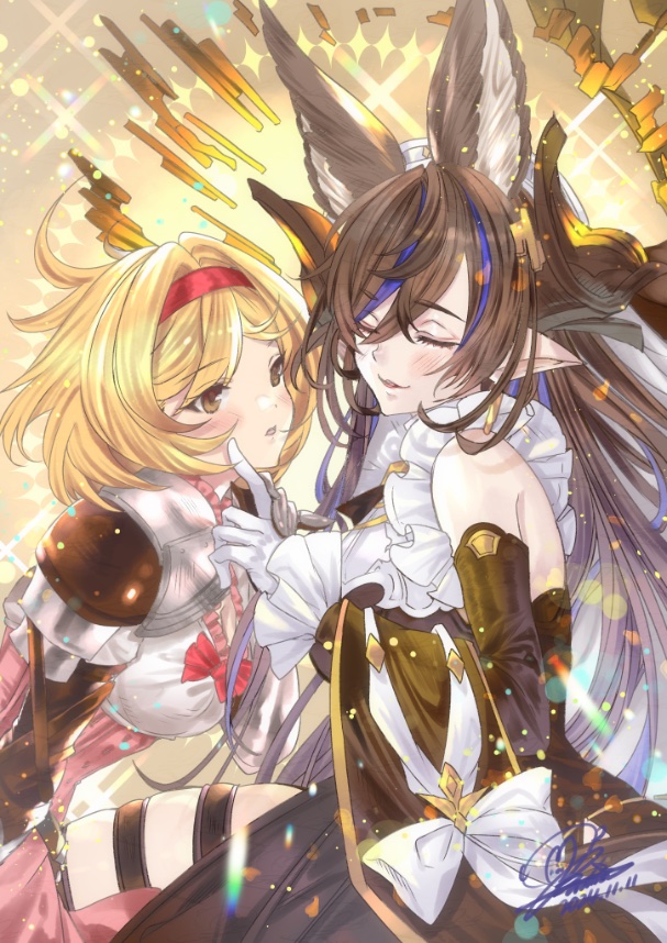 2girls, animal_ears, banamons, bare_shoulders, blonde_hair, blue_hair, breasts, brown_eyes