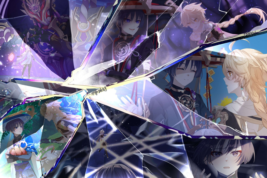 1girl, 2boys, aether_(genshin_impact), ahoge, aqua_gemstone, arm_armor, arm_up, armor