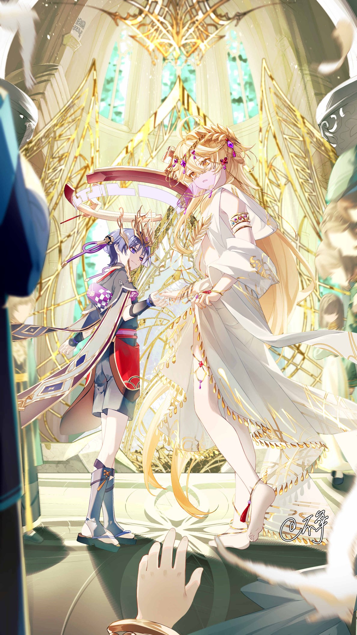 1other, 2boys, 4girls, aether_(genshin_impact), ahoge, alternate_costume, alternate_hairstyle, arm_up