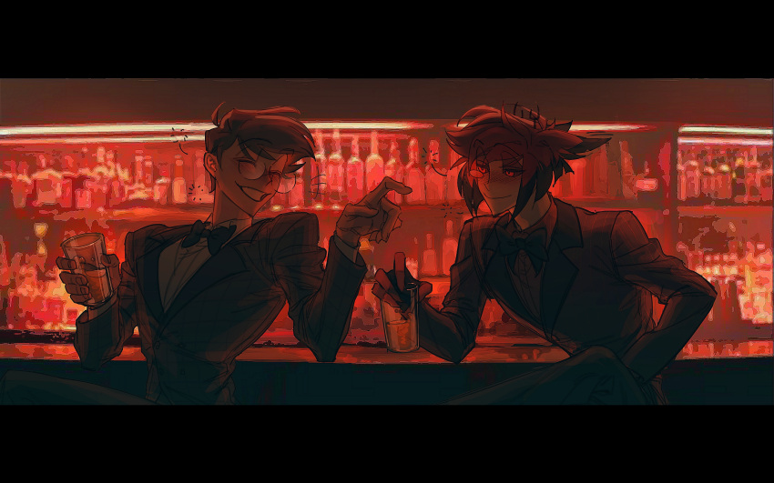 2boys, alastor_(hazbin_hotel), bar_(place), blush, brown_hair, deer_boy, demon_boy, hazbin_hotel