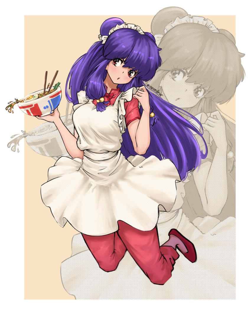 1girl, apron, artist_name, azurdraws, bell, border, bowl, chopsticks