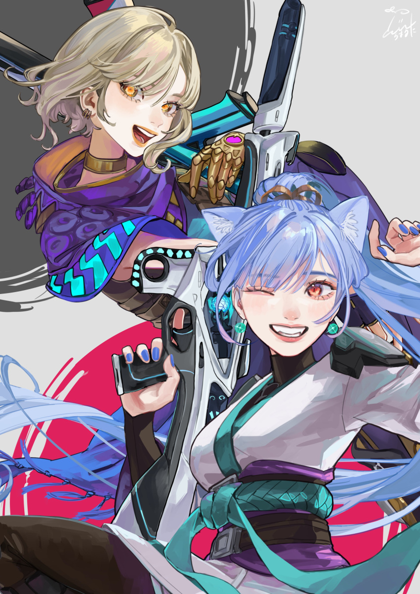 2girls, absurdres, animal_ear_fluff, animal_ears, assault_rifle, astra_(valorant), astra_(valorant)_(cosplay), belt, blonde_hair, blue_hair, blue_nails, choker, cloak, cosplay, dress, earrings, gauntlets, grin, gun, highres, holding, holding_gun, holding_weapon, indie_virtual_youtuber, jewelry, long_sleeves, looking_to_the_side, multiple_girls, one_eye_closed, open_mouth, orange_eyes, plivyou, ponytail, purple_cloak, purple_sash, rifle, sage_(valorant), sage_(valorant)_(cosplay), sash, shikai_yue, short_hair, single_gauntlet, smile, tateno_ito, turtleneck, valorant, virtual_youtuber, weapon, white_dress, zoramaruta