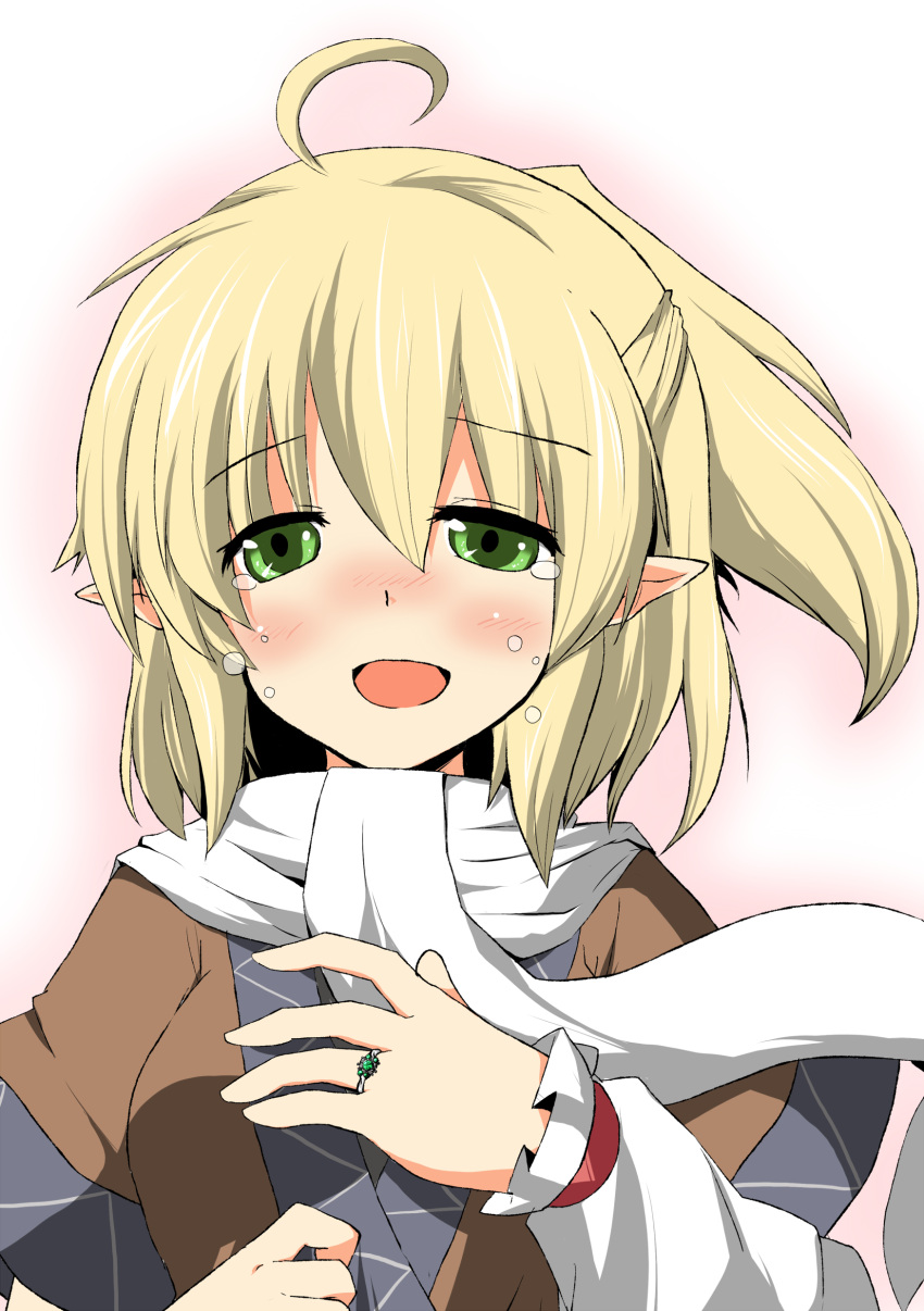 absurdres, ahoge, arm_warmers, blonde_hair, blush, green_eyes, highres, jewelry