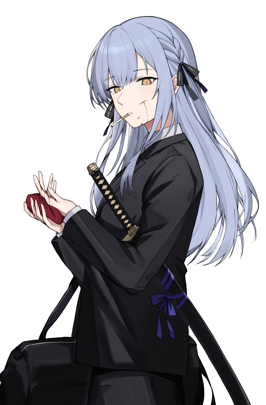 1girl, absurdres, bang_dream!, bang_dream!_it's_mygo!!!!!, black_bag, black_jacket, black_pants, black_ribbon