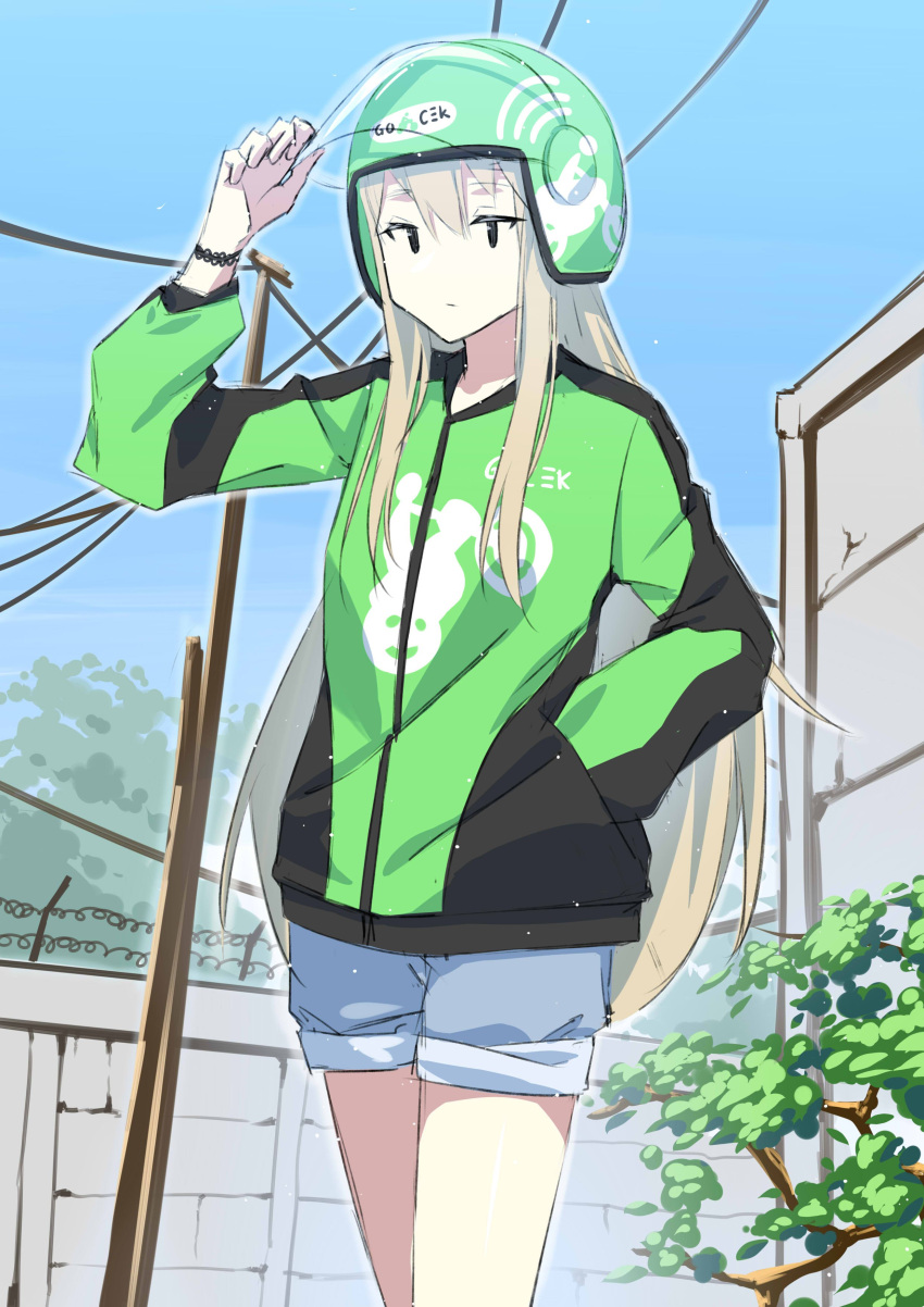 1girl, absurdres, barbed_wire, black_eyes, blue_shorts, blue_sky, brown_hair, closed_mouth