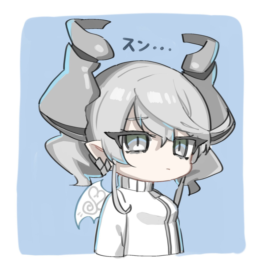 1girl, :/, blue_background, border, breasts, cropped_torso, deformed, demon_girl