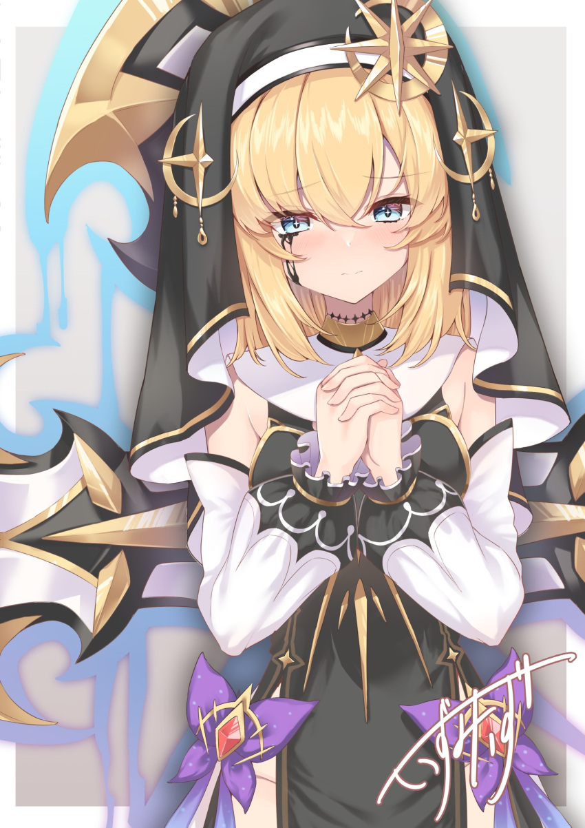 1girl, absurdres, black_dress, black_tears, black_veil, blonde_hair, blue_eyes, blush