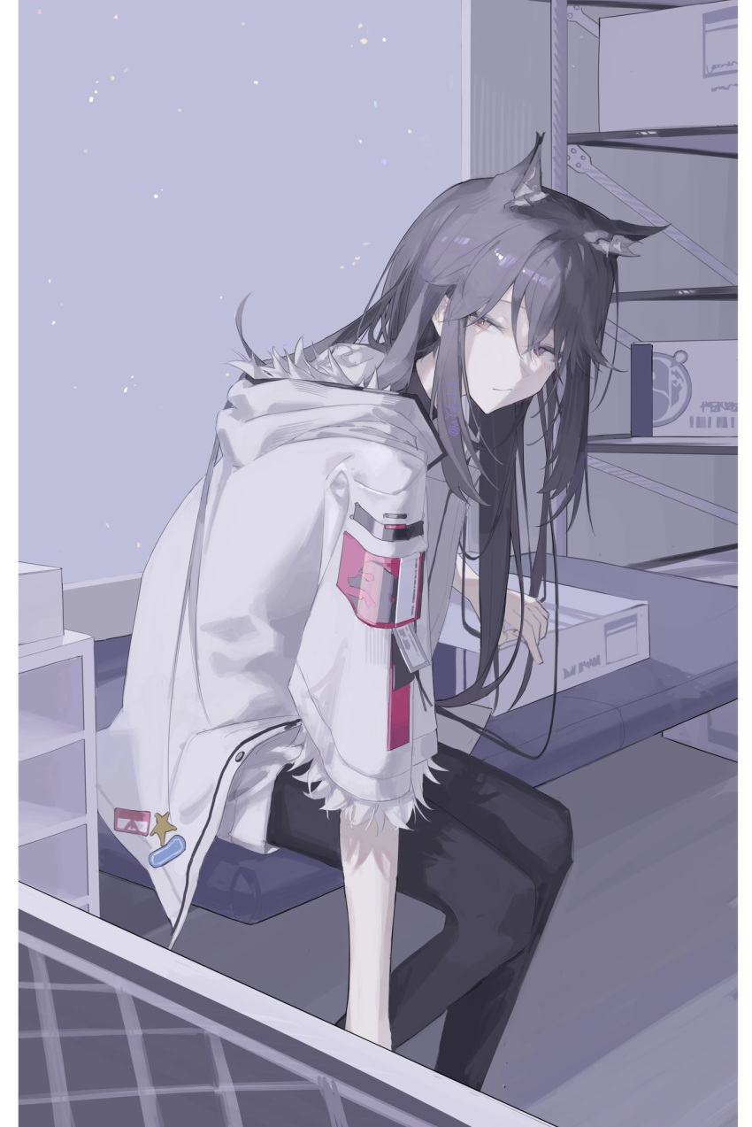 1girl, animal_ear_fluff, animal_ears, arknights, ay4_la, black_hair, black_pantyhose, closed_mouth