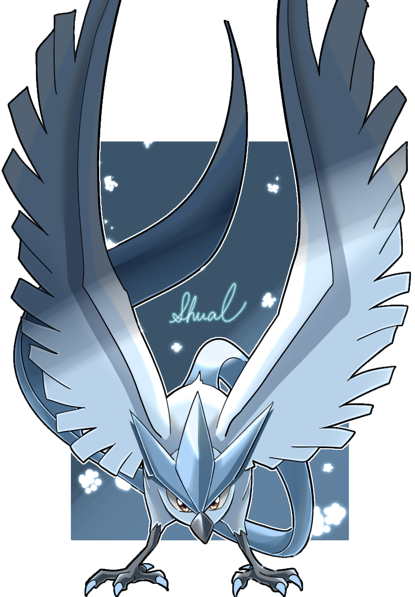alternate_color, animal_focus, articuno, bird, blue_background, border, brown_eyes, closed_mouth