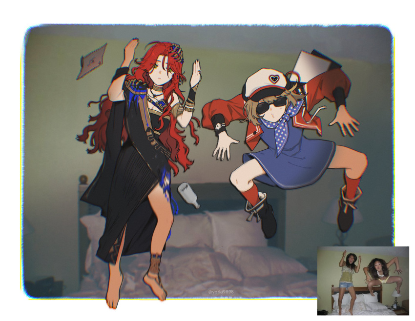2girls, ankle_boots, backpack, bag, barefoot, bed, bedroom, black_dress
