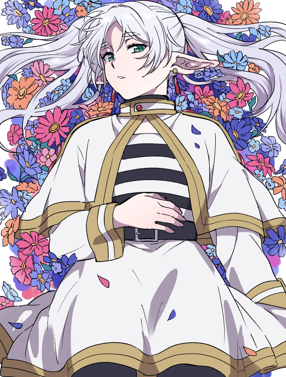 1girl, belt, black_belt, black_pantyhose, capelet, commentary, earrings, elf