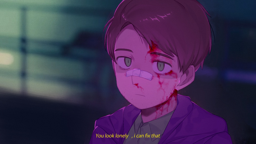 1boy, bandaid, bandaid_on_face, bandaid_on_nose, black_hair, blade_runner_2049, bleeding_from_forehead, blue_jacket