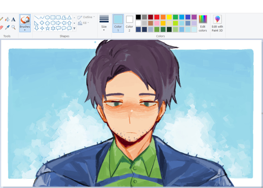 1boy, alternate_hair_color, art_program_in_frame, black_hair, blue_jacket, blush, closed_mouth, collared_shirt