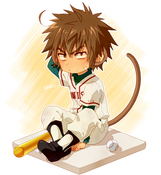 1boy, animal_ears, bags_under_eyes, ball, baseball_(object), baseball_base, baseball_bat, baseball_uniform