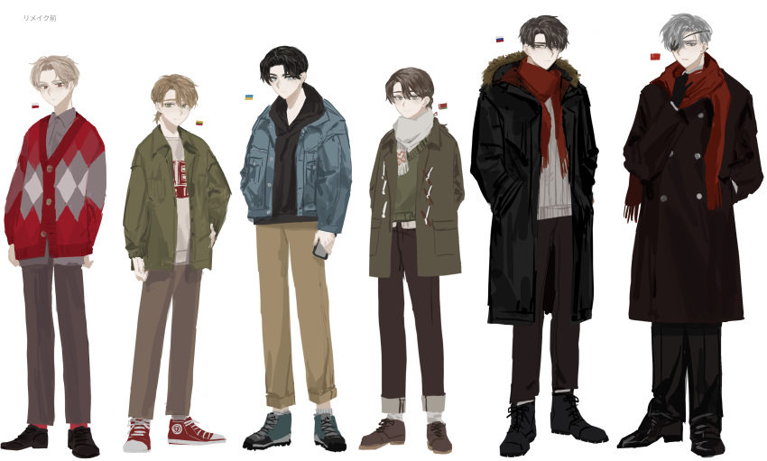 6+boys, absurdres, belarus_(saboten92), black_coat, black_footwear, black_hoodie, blue_footwear, blue_jacket