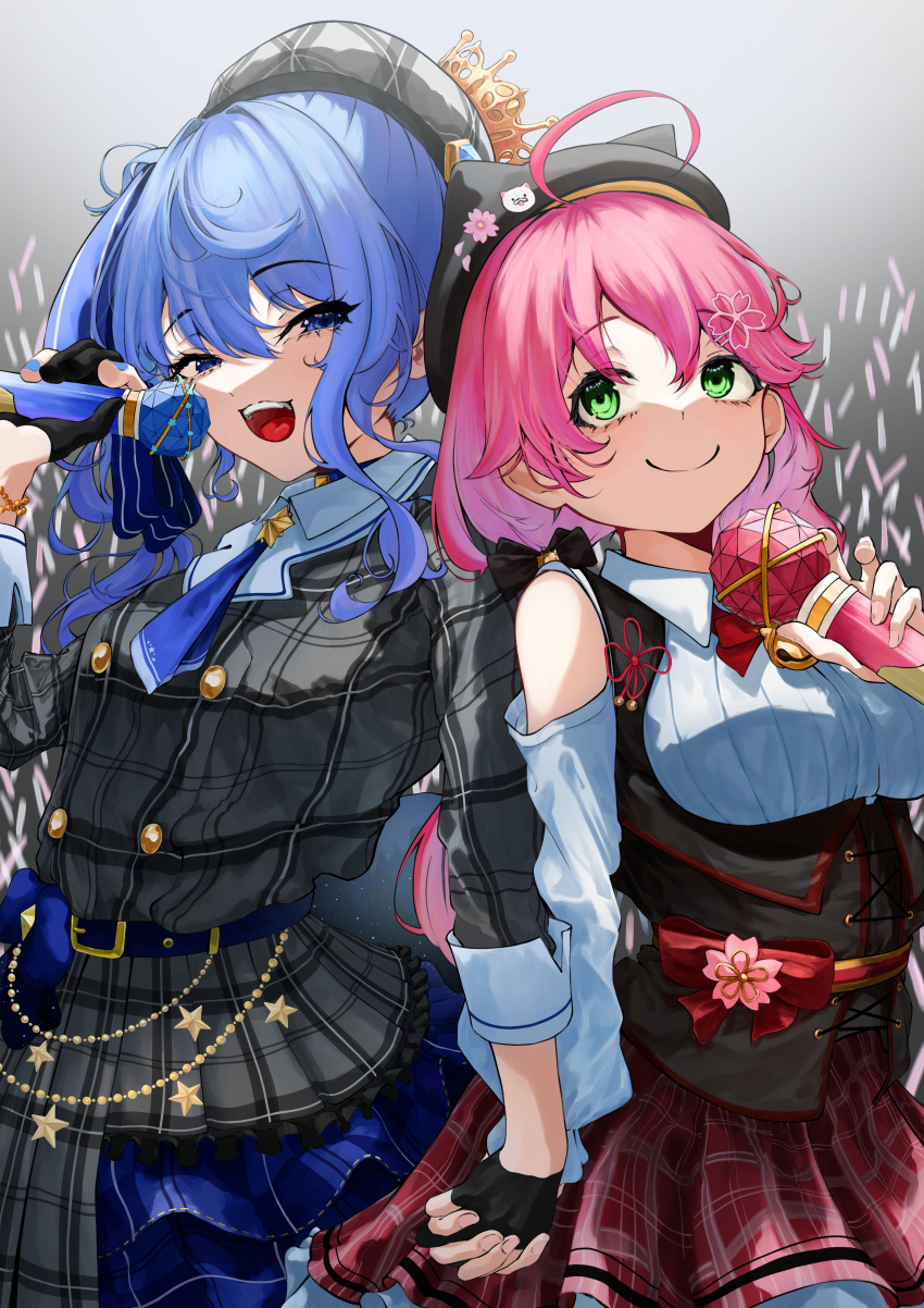 2girls, absurdres, ahoge, ascot, bead_bracelet, beads, beret, black_gloves