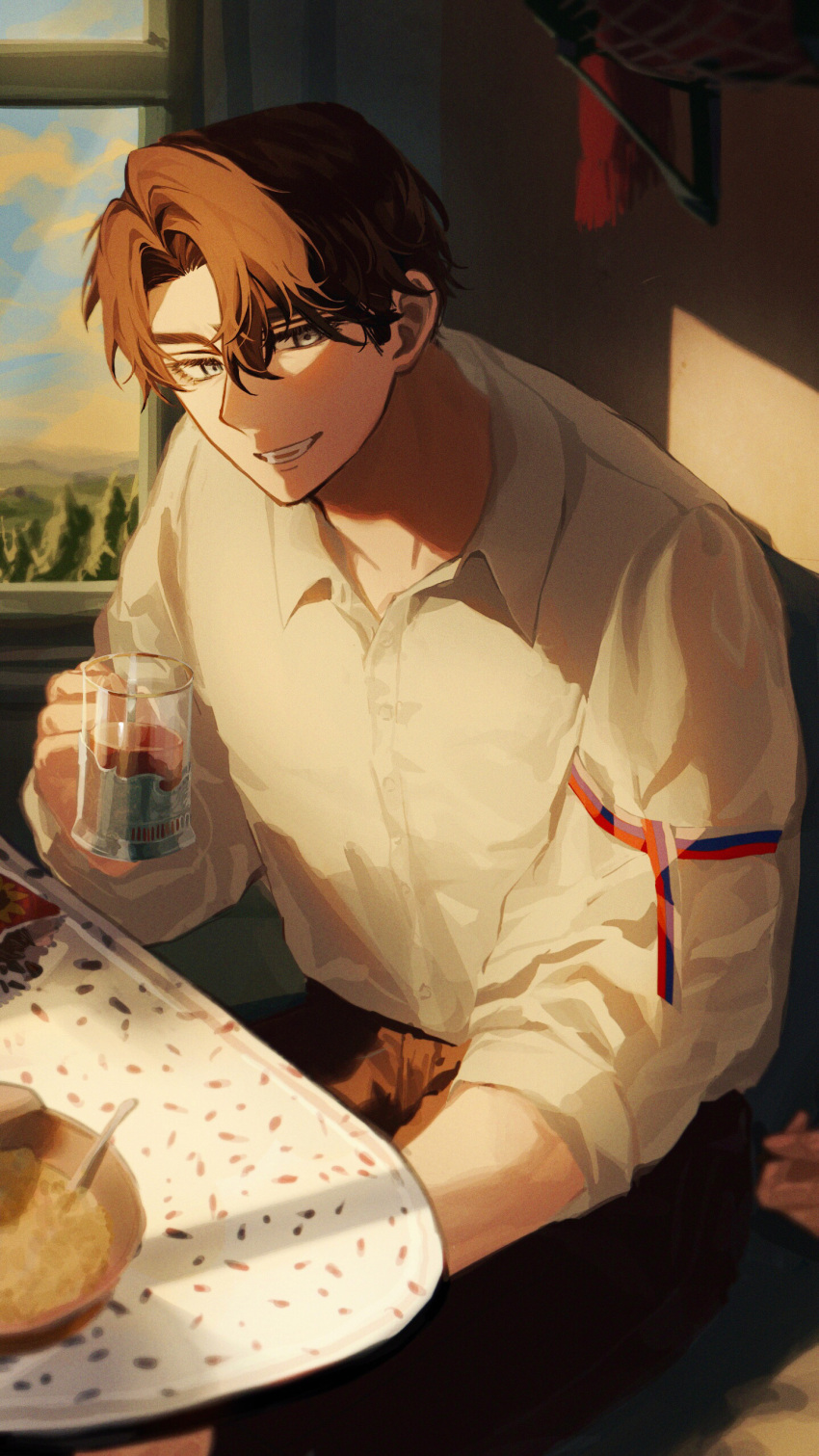 1boy, absurdres, black_pants, bowl, brown_hair, collared_shirt, cup, evening