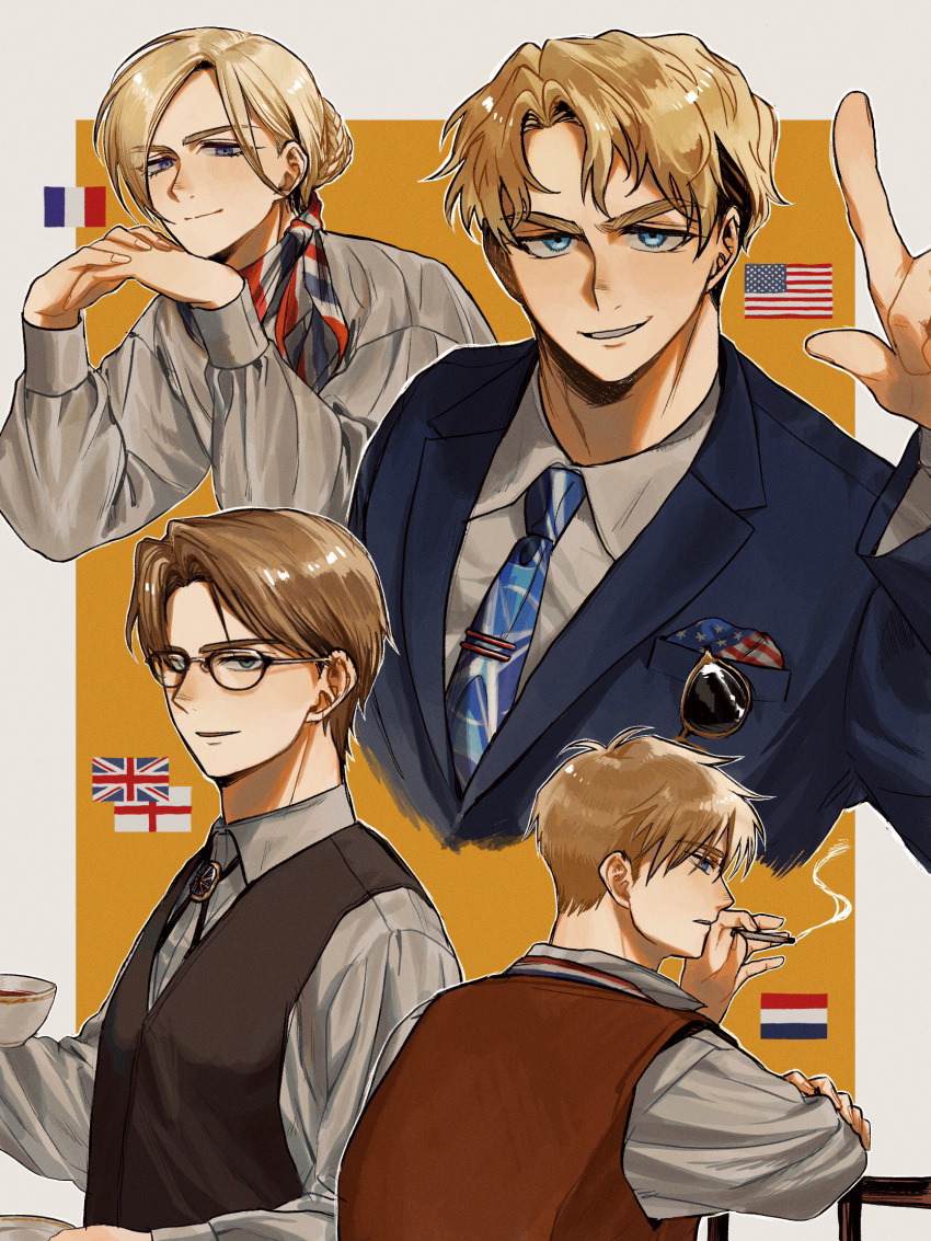 4boys, america_(saboten92), american_flag, blonde_hair, blue_jacket, border, braid, braided_bun, brooch, brown_vest, collared_shirt, cross_tie, cup, dutch_flag, england_(saboten92), english_flag, france_(saboten92), french_flag, hair_bun, hand_up, highres, jacket, jewelry, long_sleeves, multiple_boys, neckerchief, netherlands_(saboten92), original, personification, pocket, puffy_long_sleeves, puffy_sleeves, saboten92, shirt, simple_background, smoking, sunglasses, teacup, union_jack, unworn_eyewear, upper_body, vest, white_border, white_shirt, yellow_background