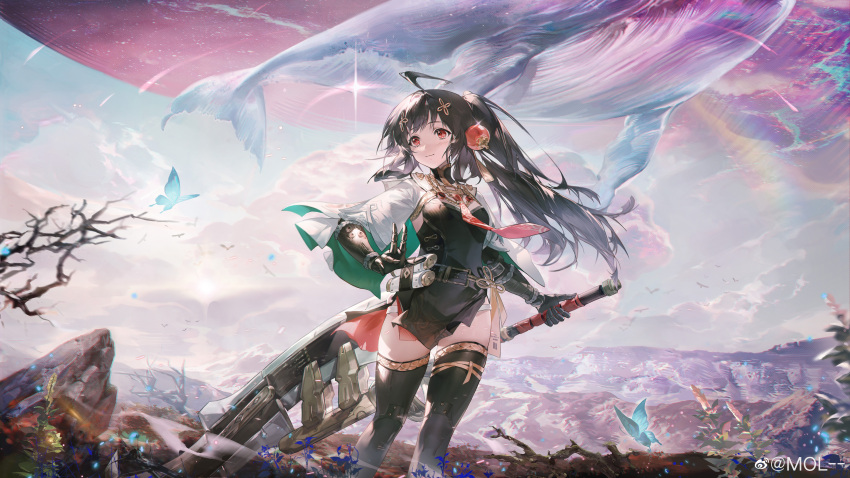 1girl, absurdres, black_dress, black_hair, black_thighhighs, blue_butterfly, blue_sky, branch, bug, butterfly, clouds, dao, dress, feet_out_of_frame, flying_whale, highres, holding, holding_weapon, lantern_hair_ornament, long_hair, looking_to_the_side, mechanical_arms, mol--, mountainous_horizon, necktie, official_art, outdoors, pelvic_curtain, pulao_(pgr), punishing:_gray_raven, red_eyes, red_necktie, ring_sidelocks, rock, short_dress, shrug_(clothing), side_ponytail, sky, smile, solo, standing, thigh-highs, weapon, weibo_logo, weibo_watermark, whale, white_shrug