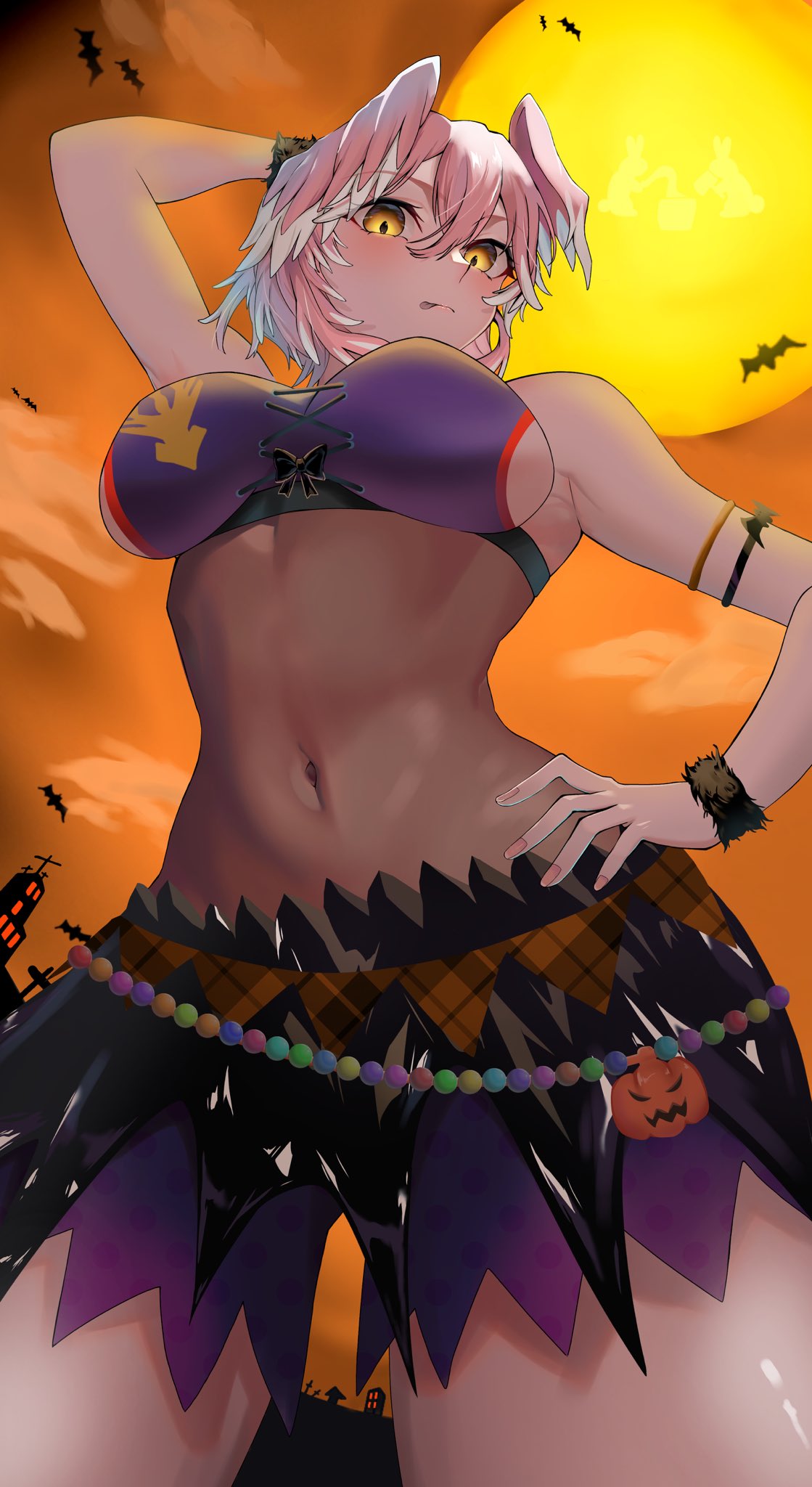 1girl, bat_(animal), breasts, hair_between_eyes, halloween, head_wings, highres, hololive