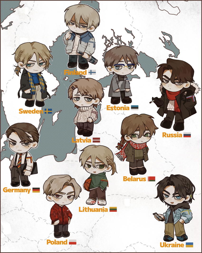6+boys, :>, absurdres, belarus_(saboten92), black_footwear, blonde_hair, blue_eyes, braid