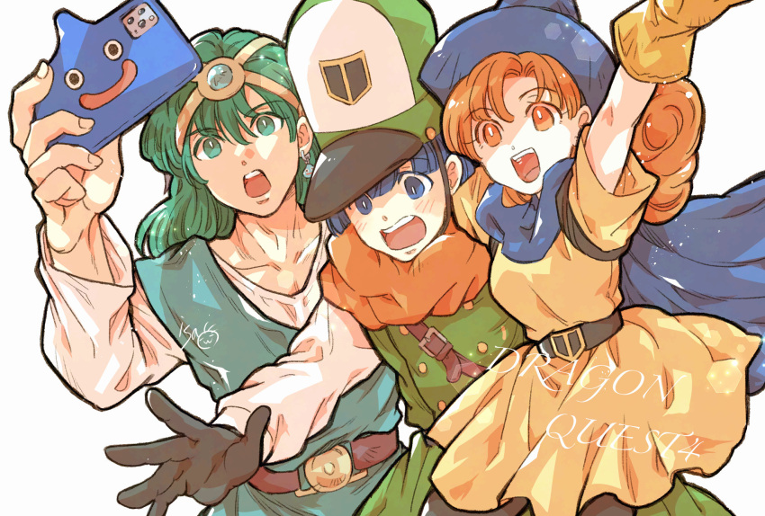1girl, 2boys, alena_(dq4), arm_up, blue_hair, blush, cape, circlet