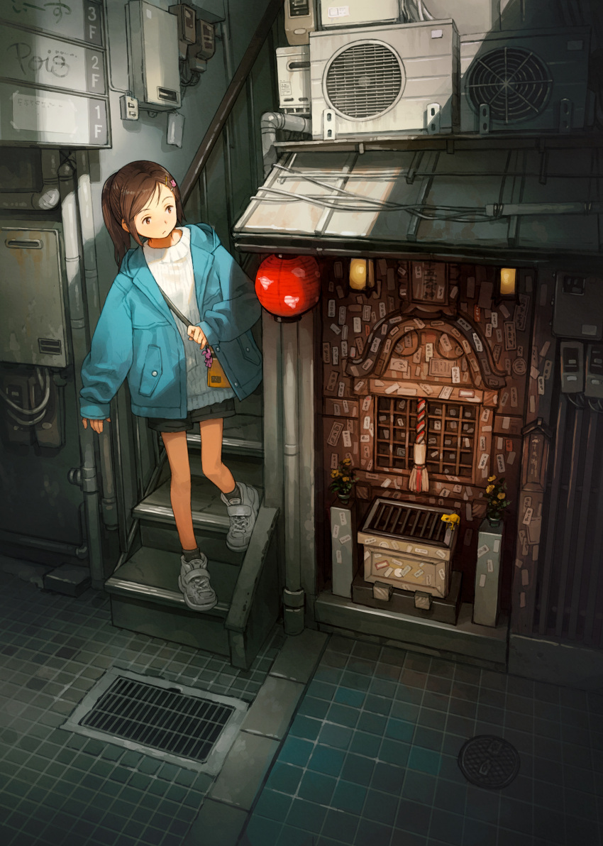 1girl, absurdres, animal, bag, bag_charm, black_shorts, black_socks, blue_jacket