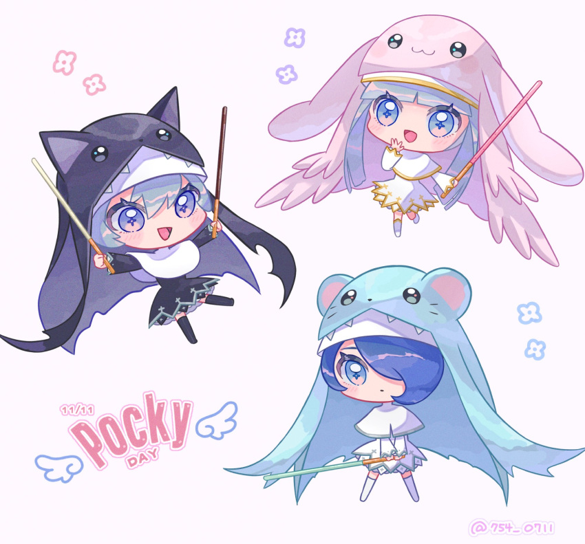 3girls, black_dress, black_hat, blue_eyes, blue_hair, blue_hat, chibi, cross-shaped_pupils