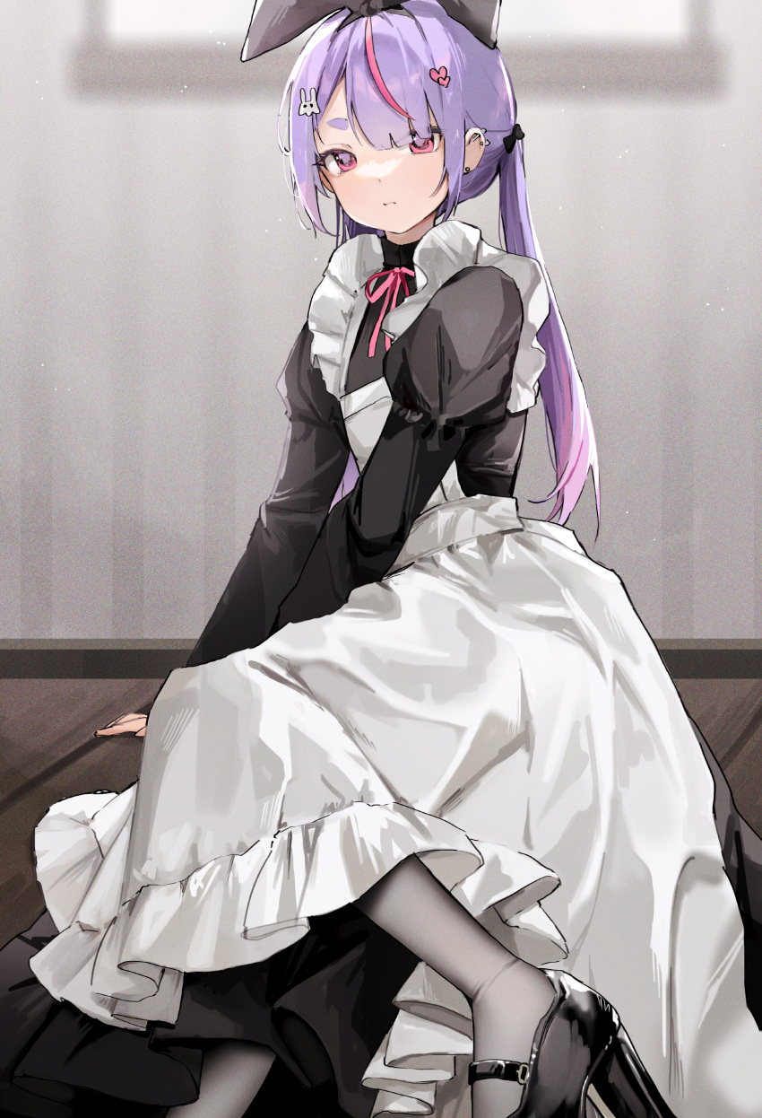 1girl, absurdres, apron, arm_support, black_bow, black_dress, black_footwear, black_hairband