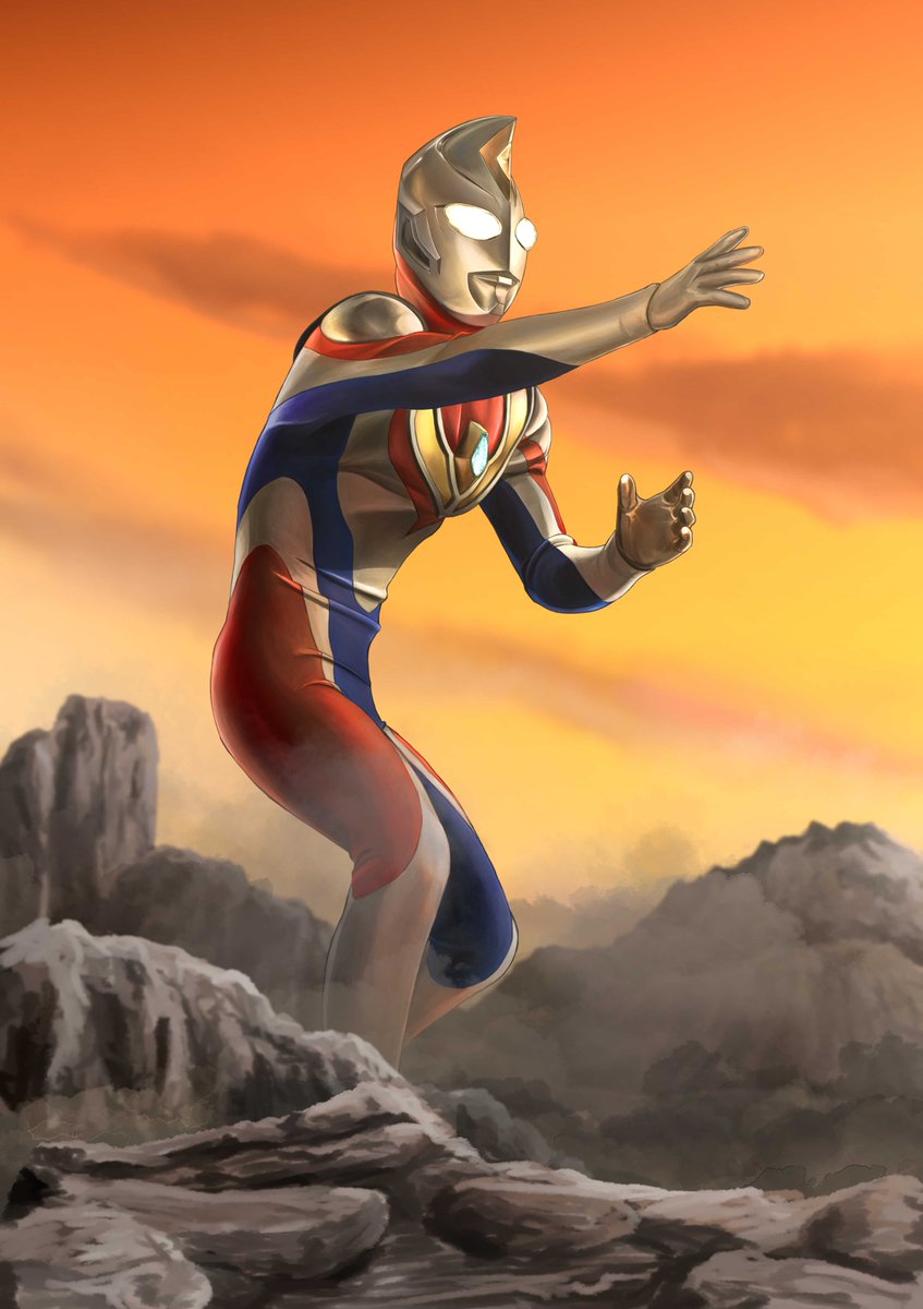 1boy, alien, arm_up, armor, blue_skin, breastplate, canyon, clouds