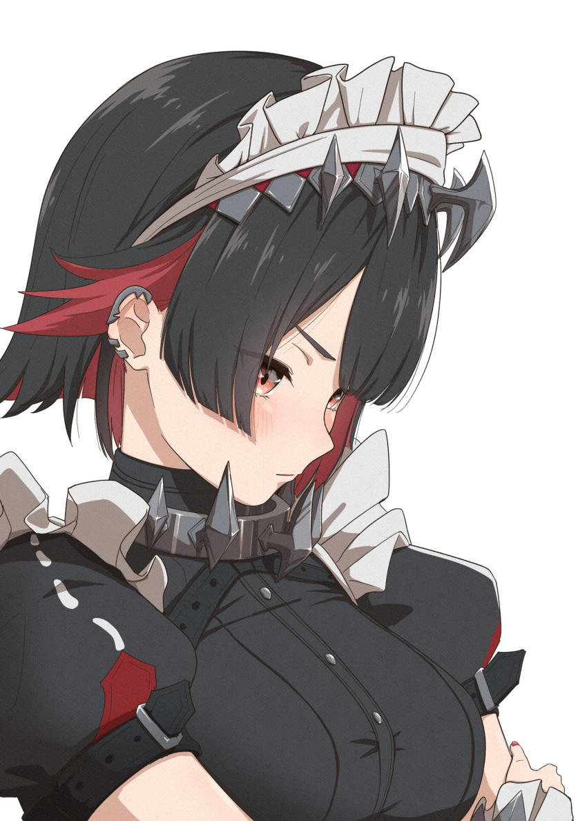 1girl, arm_belt, black_hair, black_shirt, blush, breasts, cake506, closed_mouth