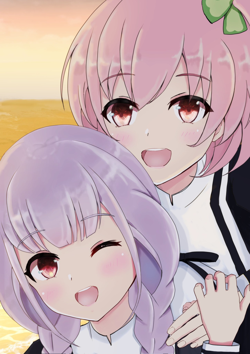 2girls, :d, ;d, assault_lily, behind_another, black_ribbon, blunt_bangs, blush