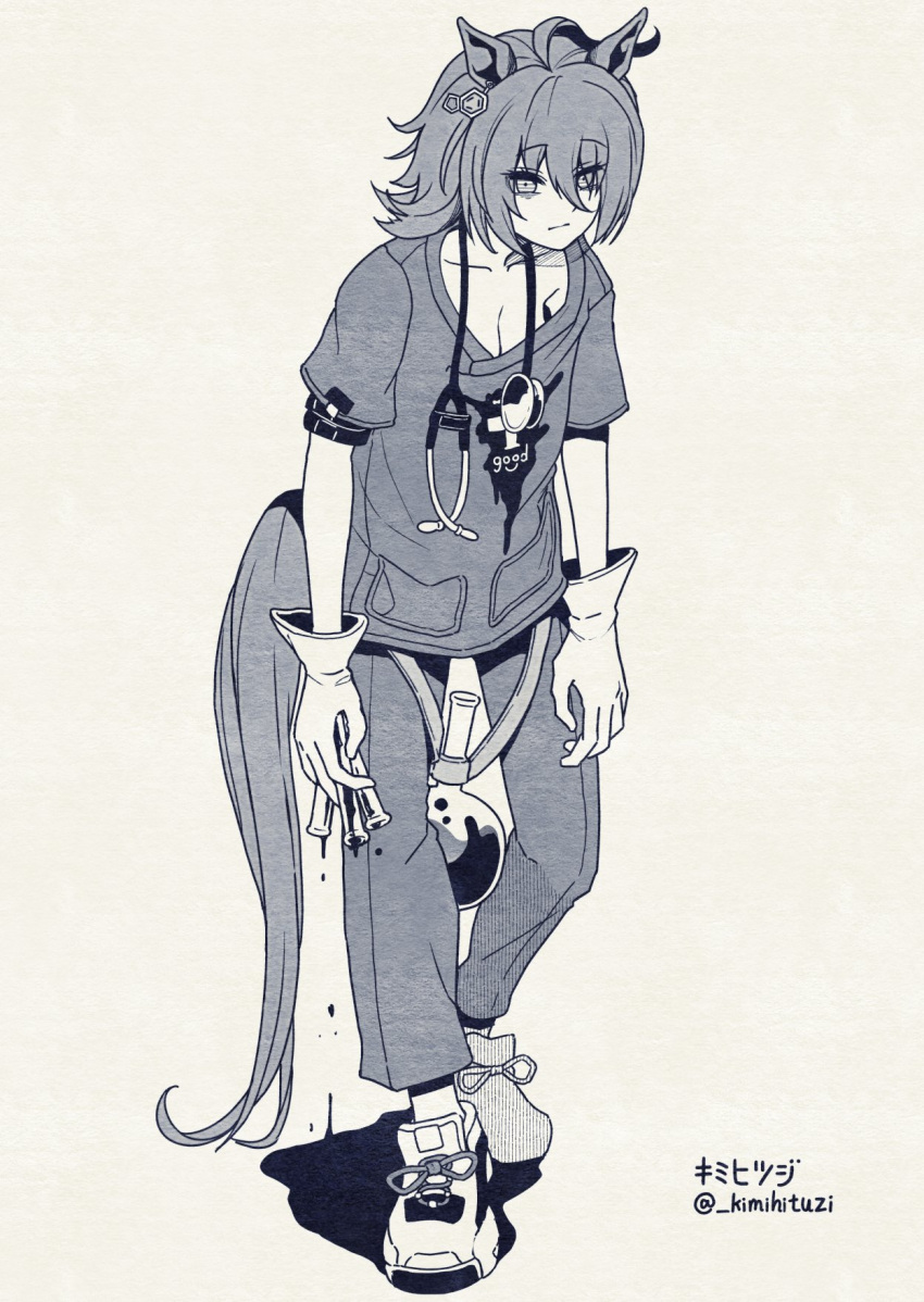 1girl, :/, agnes_tachyon_(umamusume), ahoge, animal_ears, bags_under_eyes, belt, breasts