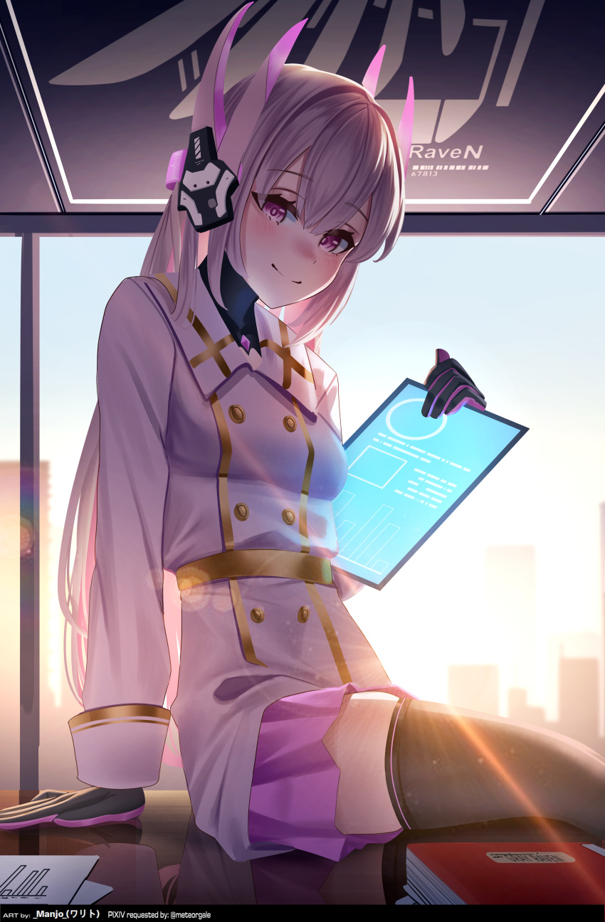 1girl, absurdres, black_gloves, black_thighhighs, breasts, buttons, closed_mouth, coat, commentary, commission, double-breasted, from_side, gloves, hair_ornament, highres, holding, holding_tablet_pc, light_blush, liv:_eclipse_(pgr), liv_(pgr), long_hair, long_sleeves, looking_at_viewer, manjo_(warito), pink_eyes, pink_gloves, pink_hair, pink_skirt, pixiv_commission, punishing:_gray_raven, reflective_surface, sitting, skirt, small_breasts, smile, solo, symbol-only_commentary, tablet_pc, thigh-highs, thighs, two-tone_gloves, white_coat, zettai_ryouiki