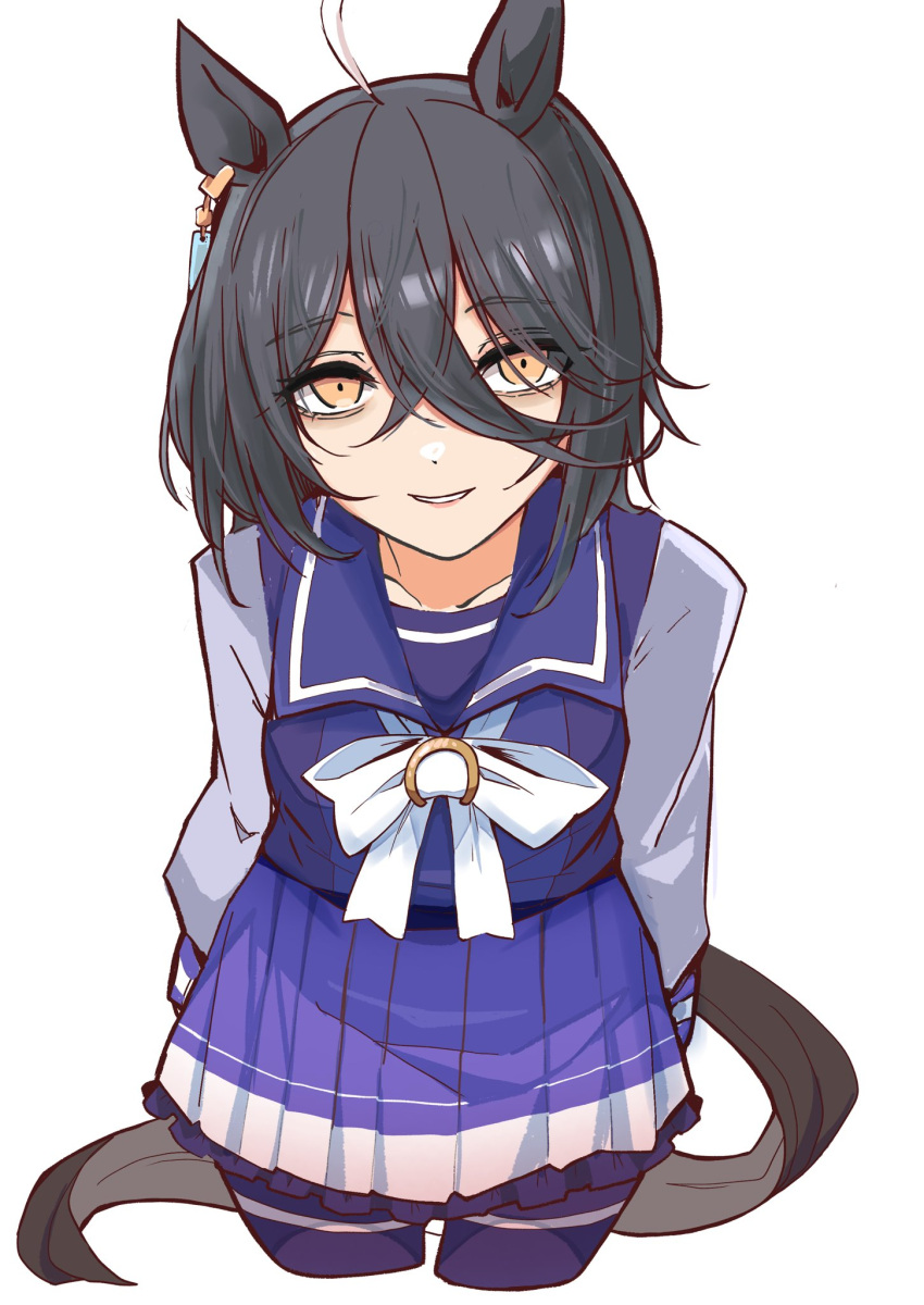 1girl, ahoge, alternate_hairstyle, animal_ears, bags_under_eyes, black_eyeliner, black_hair, bow