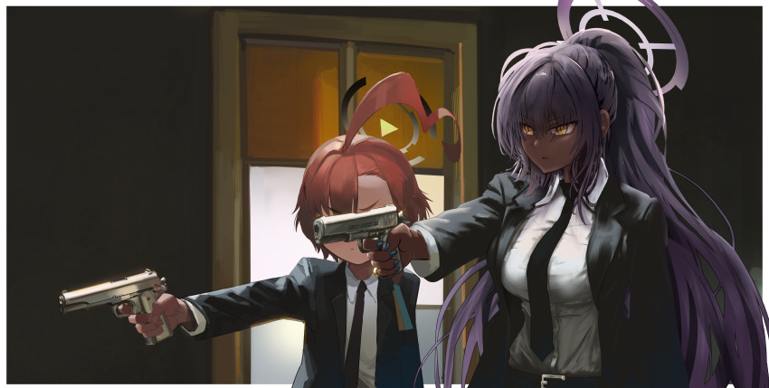 2girls, absurdres, ahoge, aiming, belt, black_hair, black_suit, blue_archive
