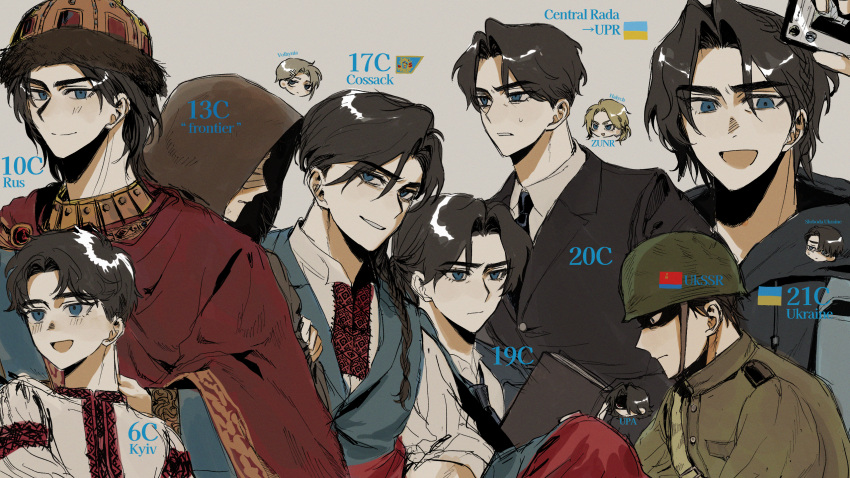 3boys, age_progression, black_hair, black_jacket, black_necktie, blue_eyes, blue_jacket, braid