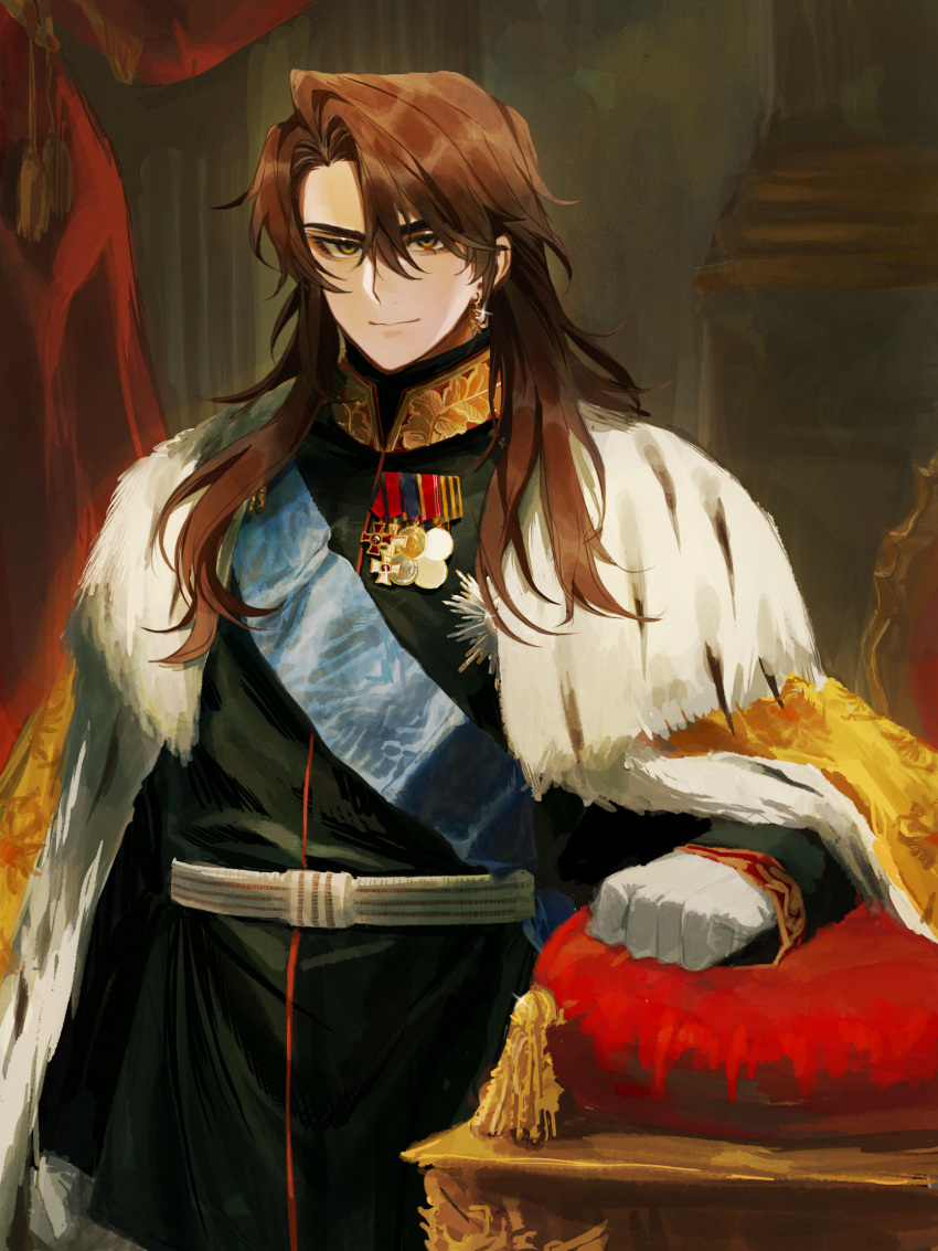 1boy, blue_sash, brown_hair, cape, closed_mouth, green_jacket, highres, indoors