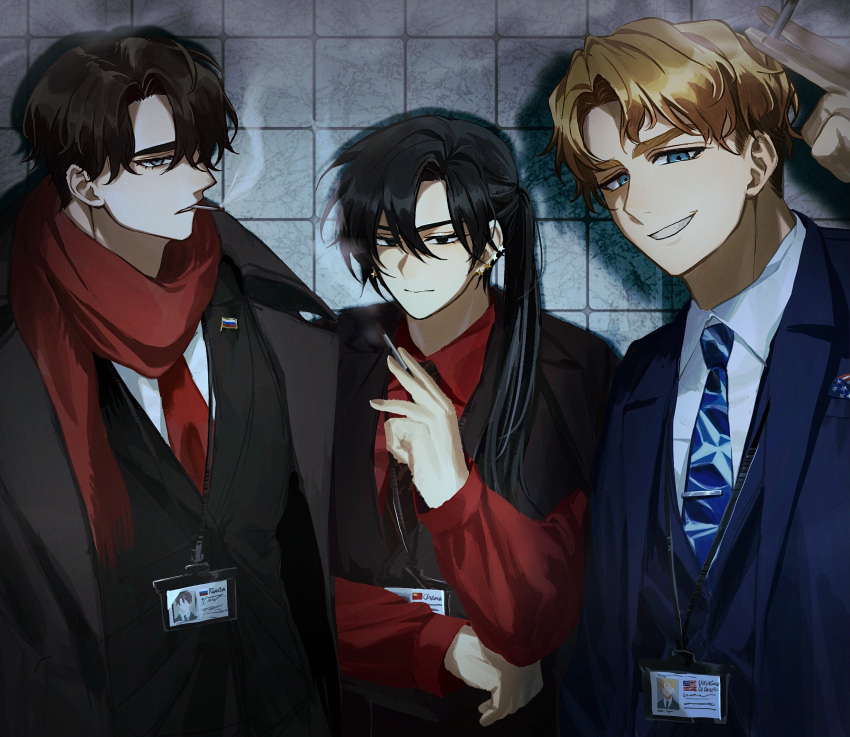 3boys, america_(saboten92), black_eyes, black_hair, blonde_hair, blue_eyes, brown_hair, china_(saboten92)