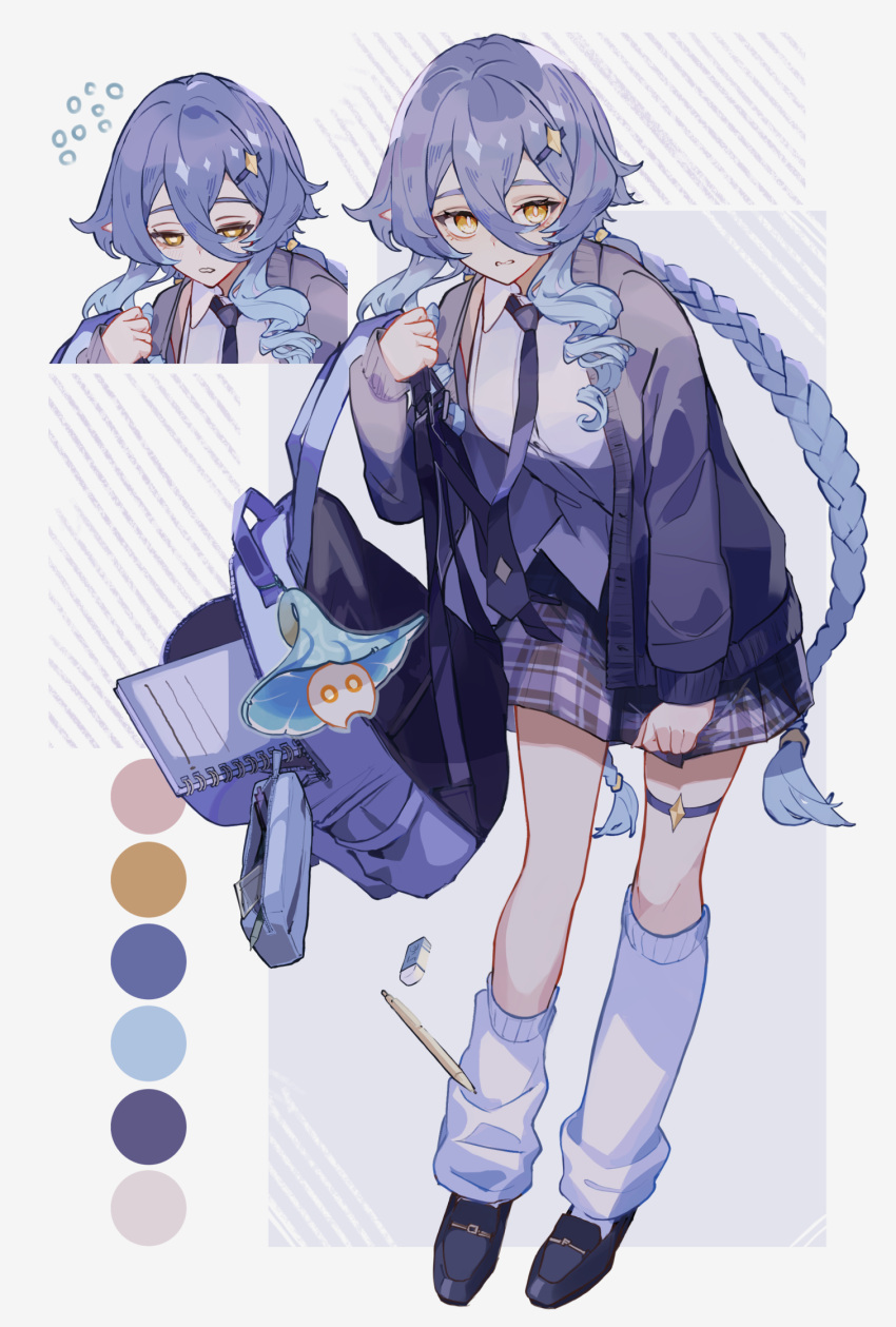 1girl, alternate_costume, asymmetrical_legwear, backpack, bag, black_footwear, blue_hair, braid, c_cutai, collared_shirt, full_body, genshin_impact, hair_between_eyes, highres, holding, holding_bag, jacket, layla_(genshin_impact), loafers, long_hair, long_sleeves, looking_at_viewer, necktie, open_clothes, open_jacket, parted_lips, pointy_ears, school_bag, school_uniform, shirt, shoes, skirt, sleepy, socks, standing, striped_clothes, striped_skirt, thigh_strap, twin_braids, uneven_legwear, white_shirt, white_socks, yellow_eyes