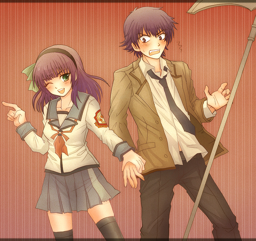 axe, black_eyes, green_eyes, halberd, muro_(yamashio_road), noda_(angel_beats!), polearm, purple_hair, school_uniform, serafuku, short_hair, thigh-highs, thighhighs, weapon, yuri_(angel_beats!)