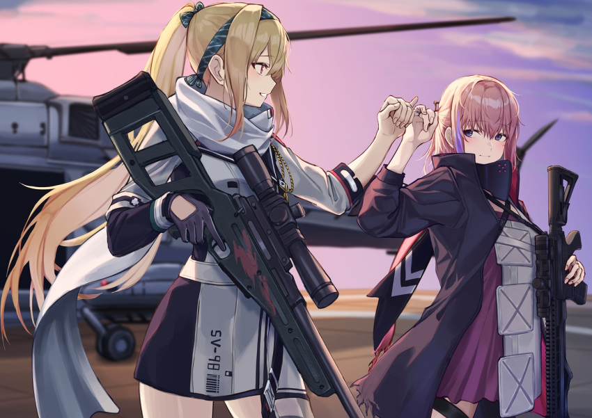 2girls, 3_small_spiders, aircraft, ar-15, assault_rifle, black_gloves, black_jacket, blonde_hair