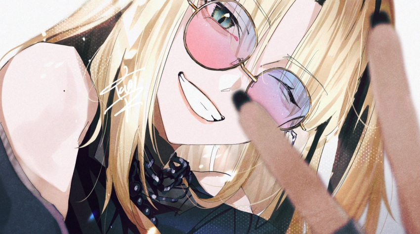 1girl, ;d, black_nails, blonde_hair, chain, chain_necklace, close-up, head_tilt